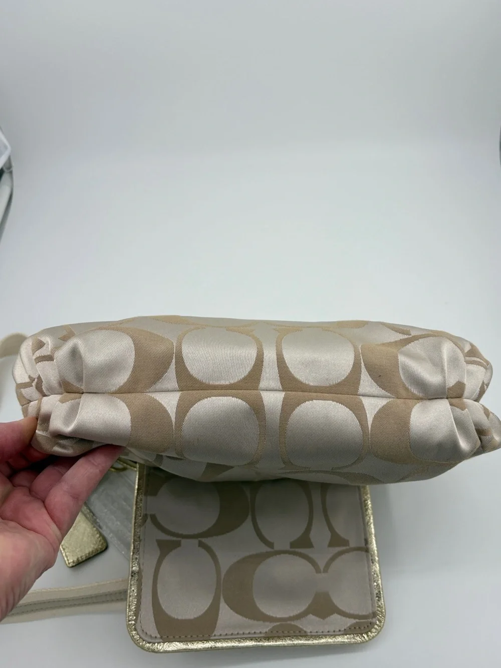 Coach Poppy Beige Signature Canvas Shoulder Bag with Gold Accents